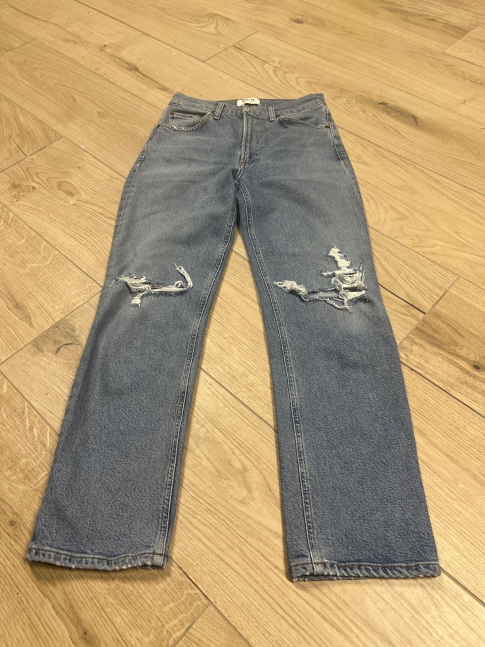 Agolde Wilder High-Rise Distressed Straight Leg Jeans in Medium Blue